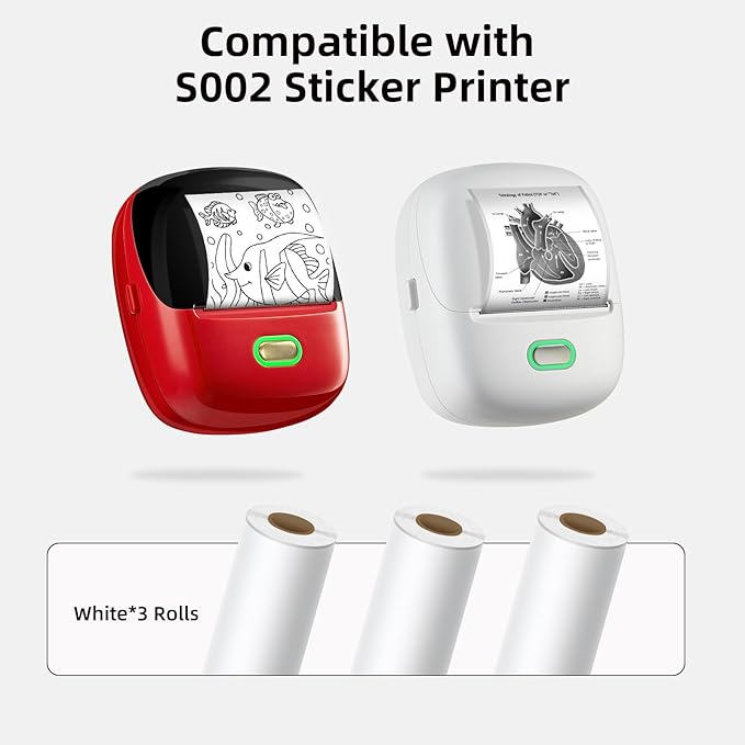 White Self-Adhesive Thermal Paper, Printable Sticker Paper for ORGSTA S002 Portable Sticker Printer, Black on White, 57mm x 3m Mini Printer Paper for Journal, Photo, Study Notes - 3 Rolls