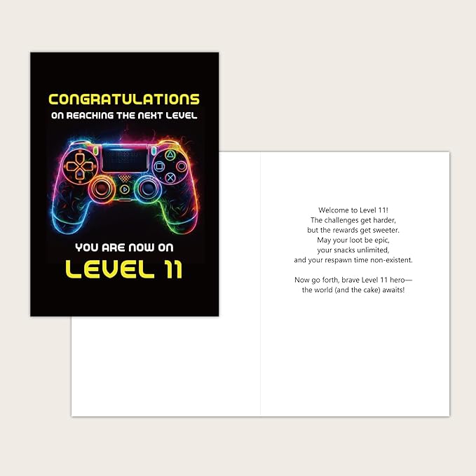 Gooji 5x7 Gamer Birthday Card for Boys and Girls - Level-Up Design for Ages 9, 10, 11, 12 - Perfect Gaming Party Greeting Card (11Y)