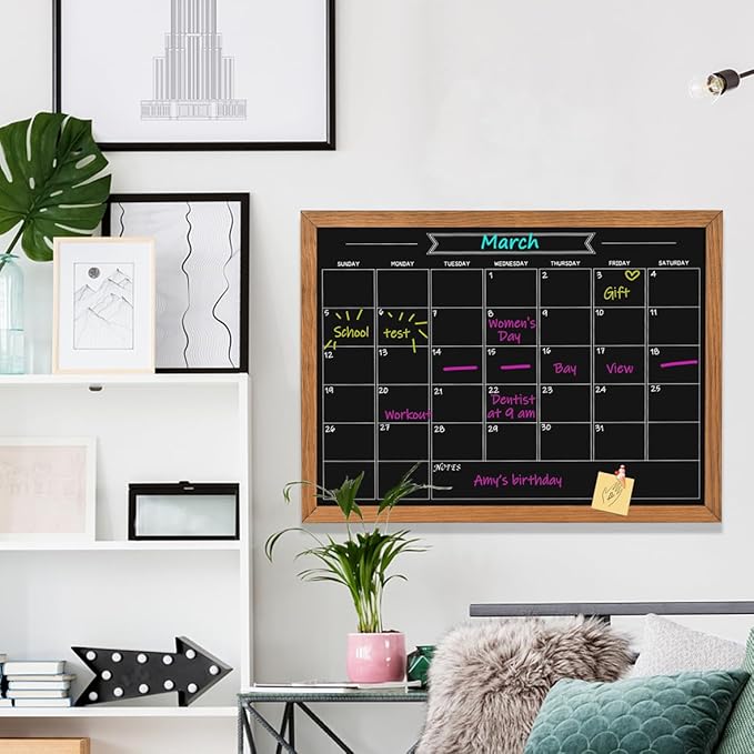 Calendar Chalkboard, 23.6" * 31.5", Magnetic Surface Rustic Brown Solid Pine Wood Frame Chalk Board for Planning/School Timetable/Memo, Hanging Board for Office, School and Home(YLHB-QZ-6080)