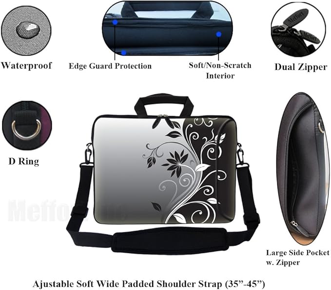 Meffort Inc 17 Inch Neoprene Laptop Bag with Extra Side Pocket, Soft Carrying Handle & Removable Shoulder Strap Fit 16" to 17.3" Size - Black Gray Swirl