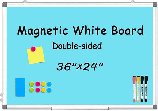 WALGLASS Magnetic Whiteboard 36"x24" Dry Erase White Board for Walls with Pen Tray, Aluminium Frame and Dry-Wipe Writing Surface for Kids' Drawing, Home, and Office (Blue)