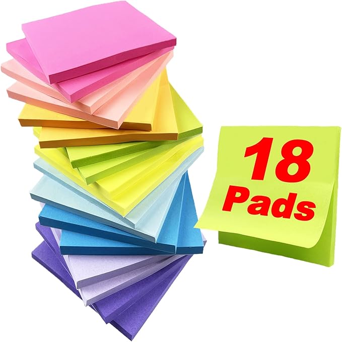 Sticky Notes, 18 Pads, 3 x 3 inches, Multi-Color, Self-Stick Pads, 56 Sheets/Pad, School Supplies and Office Products(A-18 Pads)