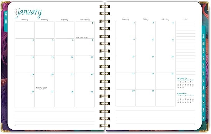 HARDCOVER 2025 Planner, 7"x9": 14 Months (November 2024 - December 2025), Daily Weekly Monthly Planner, Yearly Agenda, Bookmark, Pocket Folder and Sticky Note Set (Pastel Peacock)