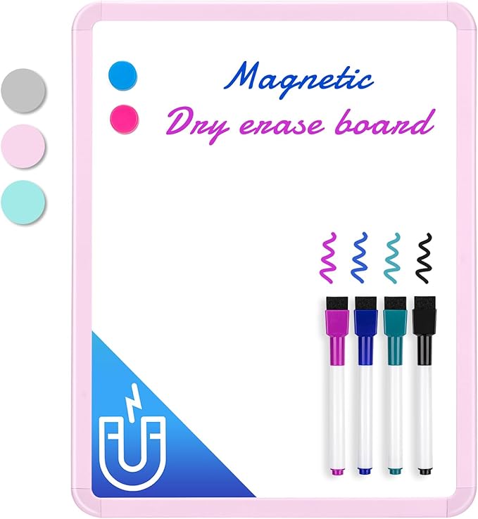 VUSIGN Small White Board Dry Erase, 14'' x 11'' Magnetic Dry Erase Board, Mini Whiteboard with Markers for Kids, Students, Fridge, Wall, Locker, Pink