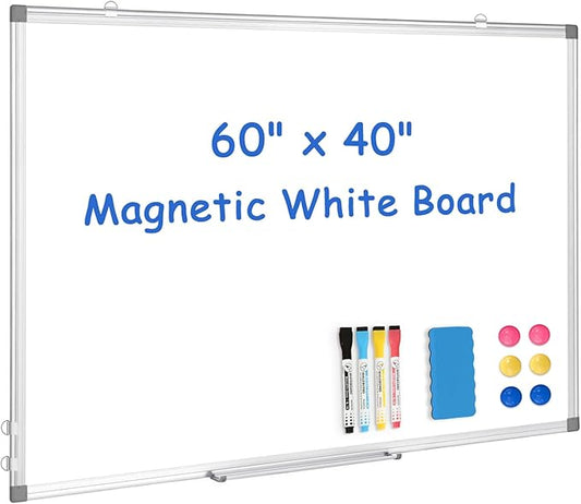 WALGLASS Large White Board, 60" x 40" Double-Sided Dry Erase Board Magnetic Whiteboard for Wall, Hanging Mounted Whiteboard Silver Aluminium Frame for Home, School, Office