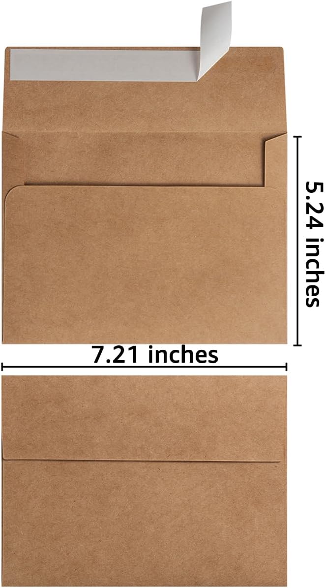 Wishop 100 Pack Brown A7 Envelopes Self-Adhesive 5x7 Envelopes for Invitations, 5x7 Greeting Cards (Brown, 5.24 x 7.21 Inches)