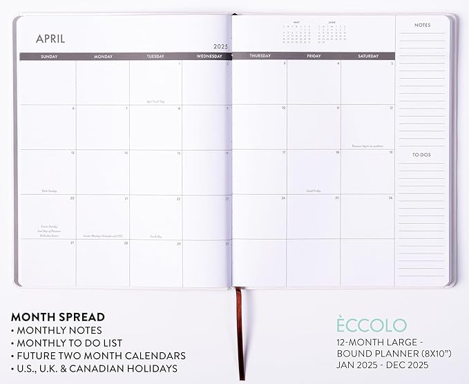 Eccolo 2025 Large Agenda Planner, 12 Month, Yearly, Monthly & Weekly Pages, Habit & Gratitude Tracker (Flexi-Cover - 8 x 10")