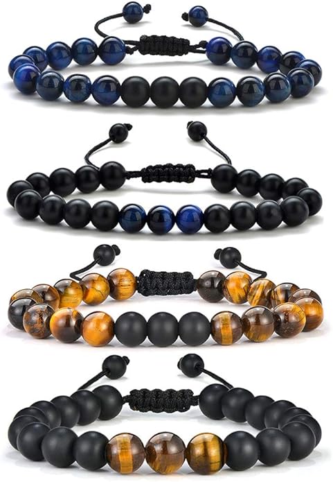 M MOOHAM Natural Stone Bracelets for Men - 8mm Tiger Eye | Matte Agate | Lava Rock Bracelets for Men Teen Boys Gifts Birthday Anniversary Christmas Gifts for Men Teens