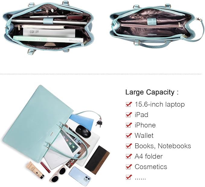 LOVEVOOK Laptop Bag for Women 15.6 Inch Tote Bags Waterproof Leather Briefcase Computer Women Business Office Work Bag,Cyan-Blue