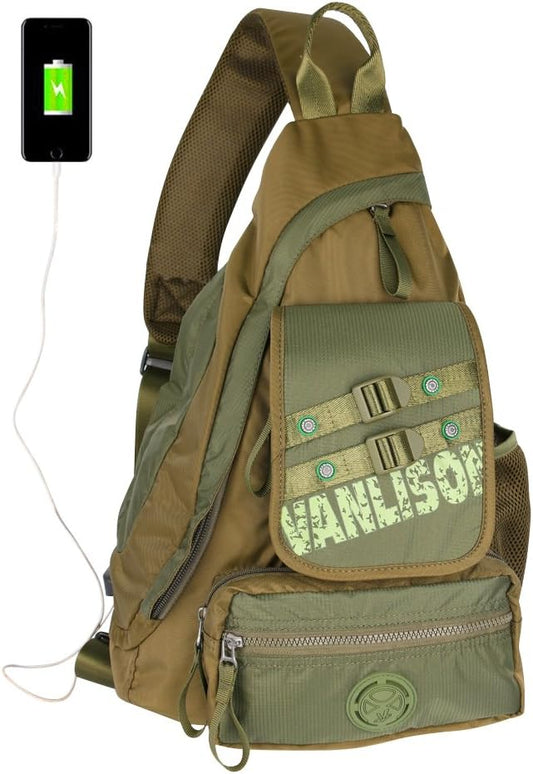 Larswon Sling Bag with USB Charging Port, Sling Backpack USB, Shoulder Backpack, Large Crossbody Bag, Chest Bag Large Army Green