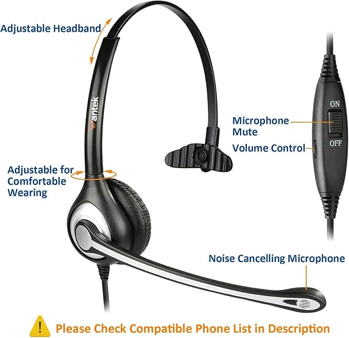 Wantek Telephone Headset Corded RJ9 Headphone with Mic & Noise Cancelling Phone Headsets Compatible with Plantronics Polycom VVX310 410 Yealink S12 Avaya 1408 1416, Landline Phone Headset