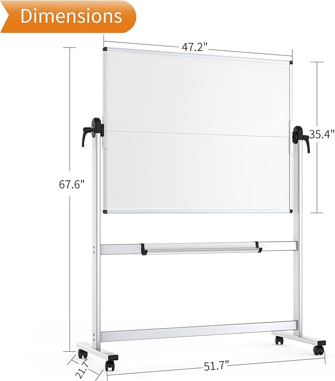 VIZ-PRO Double-Sided Mobile Whiteboard, 48 x 36 Inches, Magnetic Rolling Dry Erase White Board on Wheels with Aluminium Frame and Stand