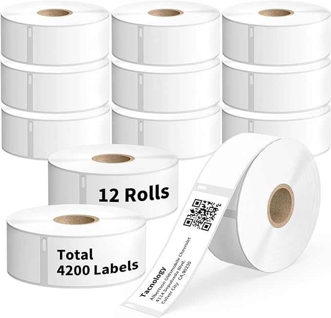 Tacnology 12 Rolls 4200 Labels Direct Thermal Labels Compatible with DYMO 30252 (1-1/8" x 3-1/2") Address & Barcode for Dymo Label 450, 450 Turbo,4X & Zebra Desktop Printers