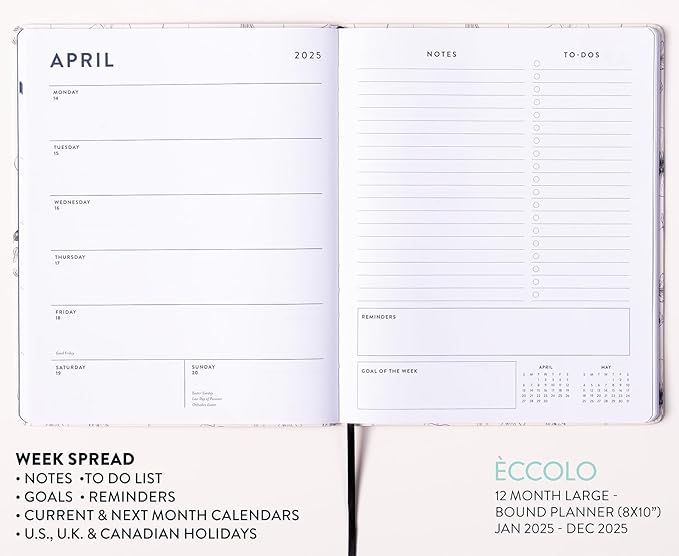 Eccolo 2025 Large Agenda Planner, 12 Month, Yearly, Monthly & Weekly Views, Reminders, Goals Tracker (Flexi-Cover - 8 x 10")