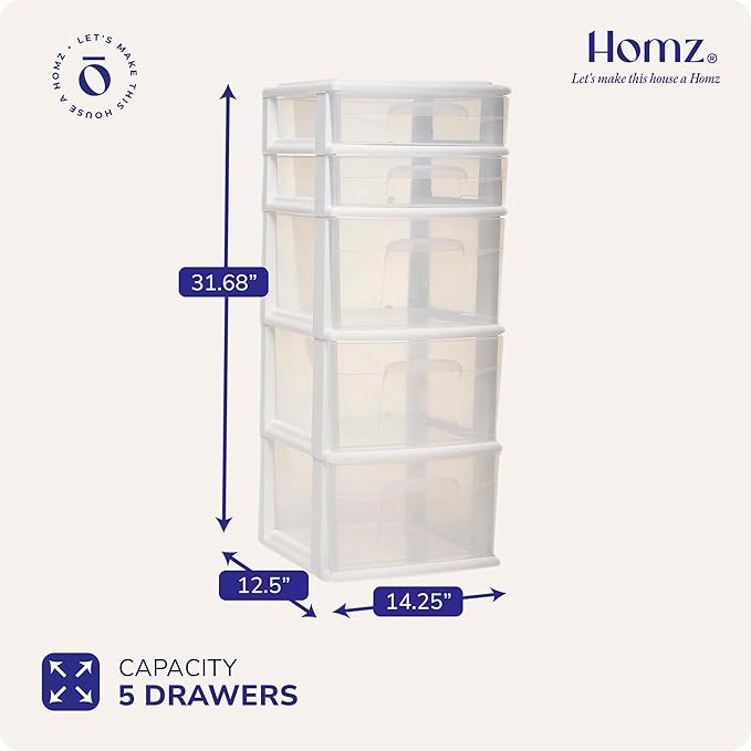 HOMZ 2-Pack 5-Drawer Storage Unit, Home & Office Plastic Organizer, White Frame