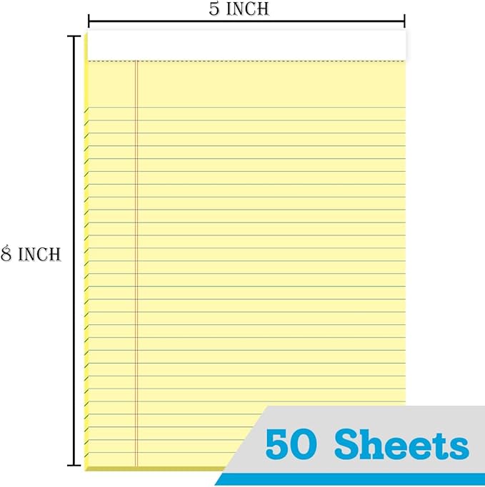 KAISA Legal Pads 5x8 inch Small Writing Pads Narrow Ruled Notepads School Office Home Note Pads, Canary 50 Sheets 12 Pads, WT-SCY50C