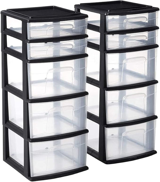 HOMZ 1-Pack 5-Drawer Storage Unit, Home & Office Plastic Organizer, Black Frame