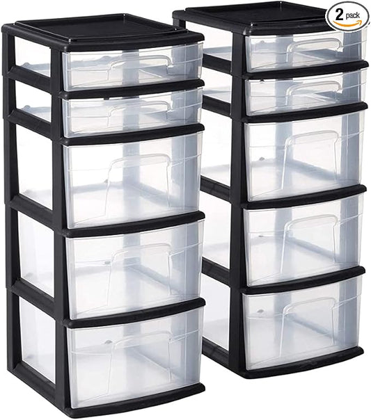 HOMZ 2-Pack 5-Drawer Storage Unit, Home & Office Plastic Organizer, Black Frame