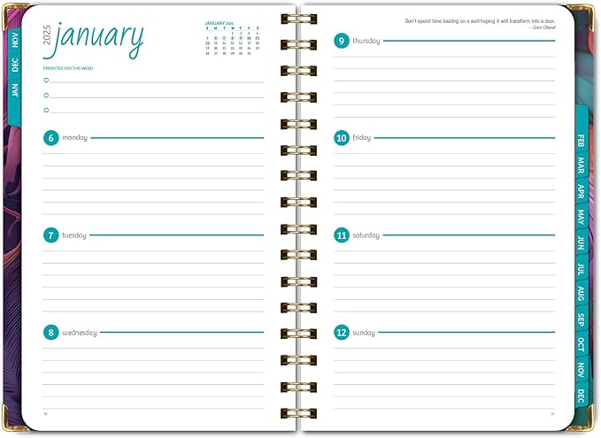 HARDCOVER 2025 Planner, 5.5"x8": 14 Months (November 2024 - December 2025), Daily Weekly Monthly Planner, Yearly Agenda, Bookmark, Pocket Folder and Sticky Note Set (Pastel Peacock)