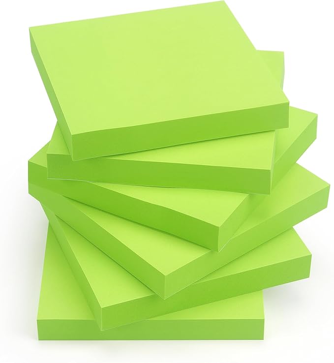 Sticky Notes 3x3 Self-Stick Notes Pads with 6 Bright Colors, Easy to Post for Office, Shool, Home, 6 Pads/Pack, 100 Sheets/Pad(Green)