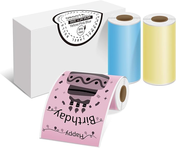 Yellow/Pink/Blue Self-Adhesive Thermal Paper, Printable Sticker Paper for ORGSTA S002 Portable Sticker Printer, 57mm x 3m Mini Printer Paper Suitable for Journal, Photo, Study Notes - 3 Rolls