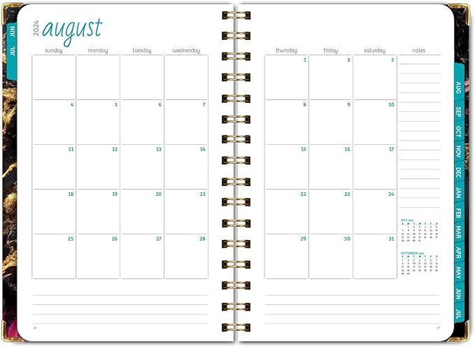HARDCOVER Academic Year 2024-2025 Planner: (June 2024 Through July 2025) 5.5"x8" Daily Weekly Monthly Planner Yearly Agenda. Bookmark, Pocket Folder and Sticky Note Set (Dark Gold Marble)