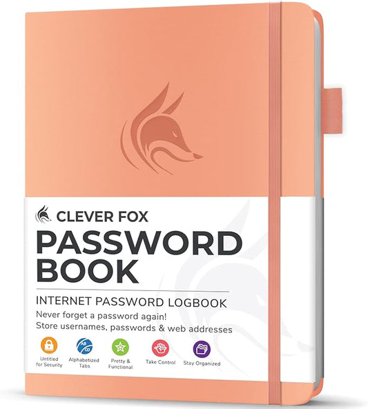 Clever Fox Password Book with Alphabetical tabs. Internet Address Organizer Logbook. Small Pocket Password Keeper for Website Logins (Peach Pink)