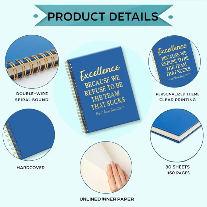 Excellence 160 Blank Pages Blue Spiral Notebook, Teamwork Gifts for Staff, Team Gifts for Coworkers, Employee Appreciation Gifts, Team Member Gifts Leadership Gifts for Colleagues B