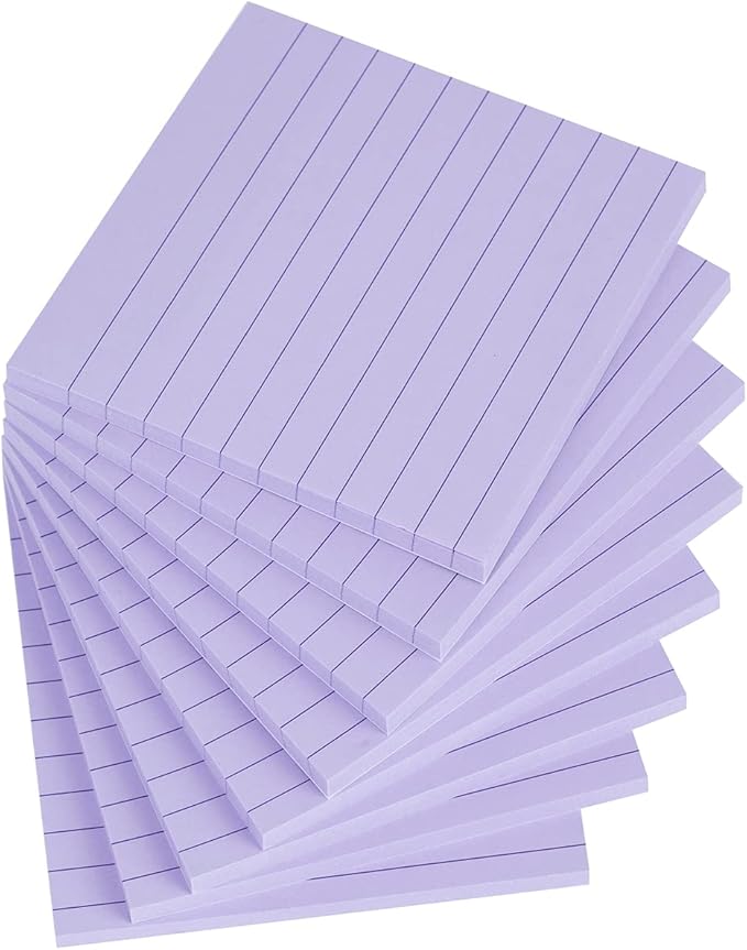 Vanpad Lined Sticky Notes 4x4 Inches, Light Purple Ruled Self-Stick Pads, Easy to Post for Home, Office, Notebook, 8 Pads/Pack