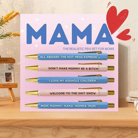 Funny pens,5-Count,Black Ink,Medium Nib 1.0mm,Funny Office Gifts for Coworkers,Personalized Pens Vibrant Funny Quotes Word Daily Pen (MAMA Pens)