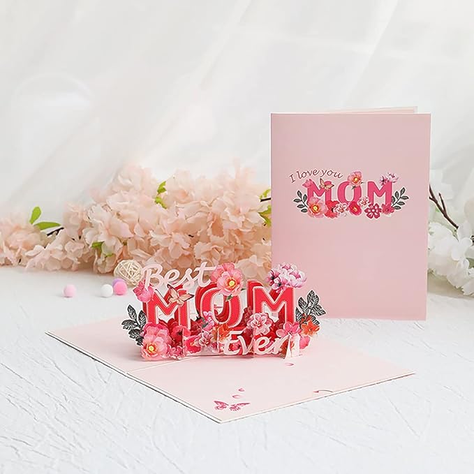 Floral Pop-Up Card - I Love You Mom, Mother's Day, 7.87"x5.91"x0.2"