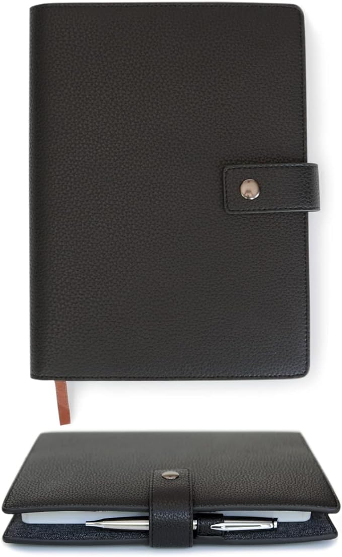 CASE ELEGANCE Black Full Grain Premium Leather Refillable Journal Cover with A5 Lined Notebook - Scratch-Proof DURA-Leather