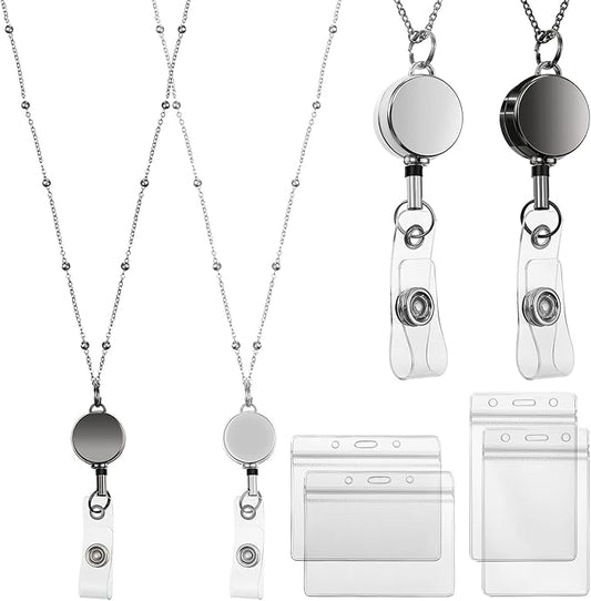 Outus 2 Pieces Badge Lanyard with ID Holders Stainless Steel Badge Holders Necklace Retractable Reel Clip Chain Water Resistant Name(Gray, Silver)
