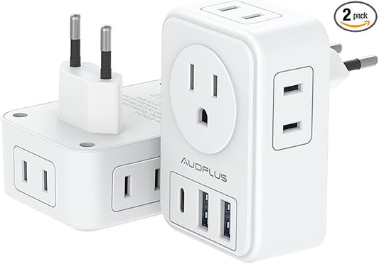 2 Pack European Travel Plug Adapter with USB C, US to Europe Power Adapters with 4 AC Outlets, 3 USB Charging Ports, International Plug Adapter, 7 in 1 Travel Essentials for Italy France Greece
