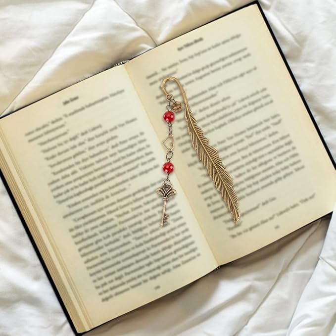 10pcs Feather Bookmarks, Metal Crystal Bookmarks Vintage Gemstone Beading Bookmarks Antique Bronze Key Book Markers for Reading Book Lovers Teacher's Day Delicate Gifts