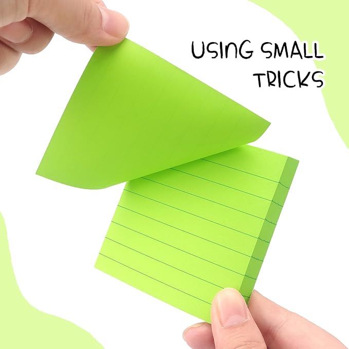 Lined Sticky Notes 3x3 Sticky Notes with Lines Self-Stick Notes Bright Color 4 Pads 90 Sheets/Pad (Green)