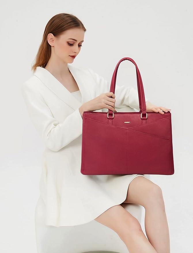 Laptop Tote Bag for Women 15.6 Inch Waterproof Leather Computer Bags Women Business Office Work Bag Briefcase Red