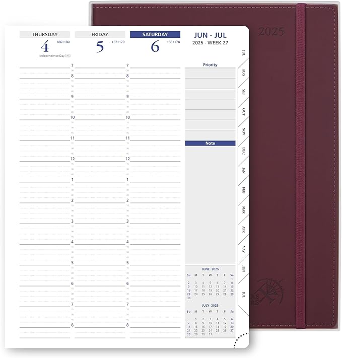POPRUN 2025 Weekly Planner 8.5" x 11", Quarter-Hourly Appointment Book with PU Leather Soft Cover, Dual Pockets, Gift Box, Monthly Tabs, 100GSM Thick Paper, Sunday Start - Claret