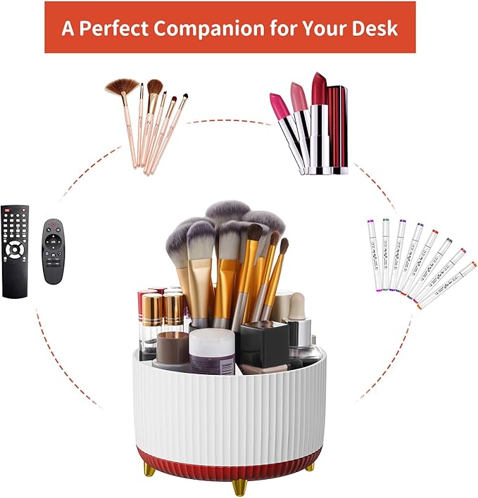 Marbrasse 360-Degree Rotating Pen Holder, Desk Organizer with 5 Compartments, Art Supply Storage Box Caddy for Office, Home (White+Red)