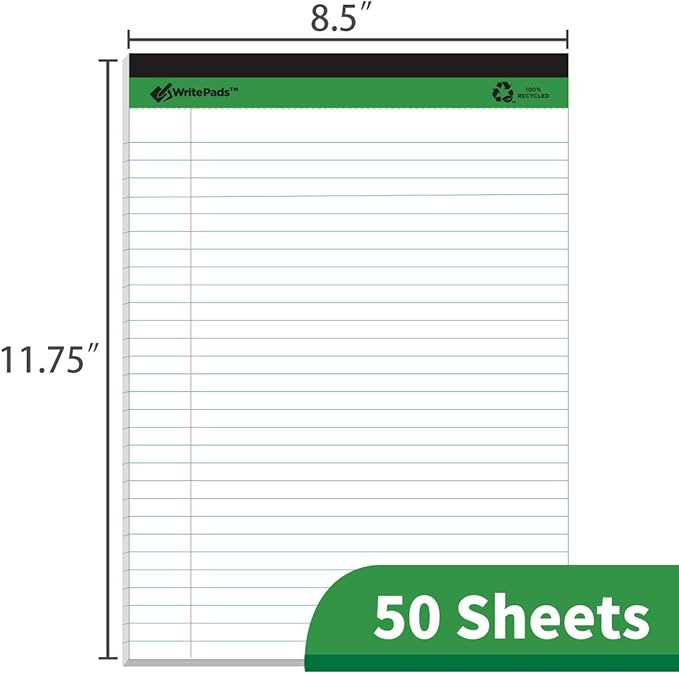 KAISA Legal Pads Writing Pads Recycled Paper, 8.5"x11.75" Wide Ruled, 50 sheets 8-1/2"x 11-3/4" Perforated Writed Pad, White Pack of 12pads, KSU-5293