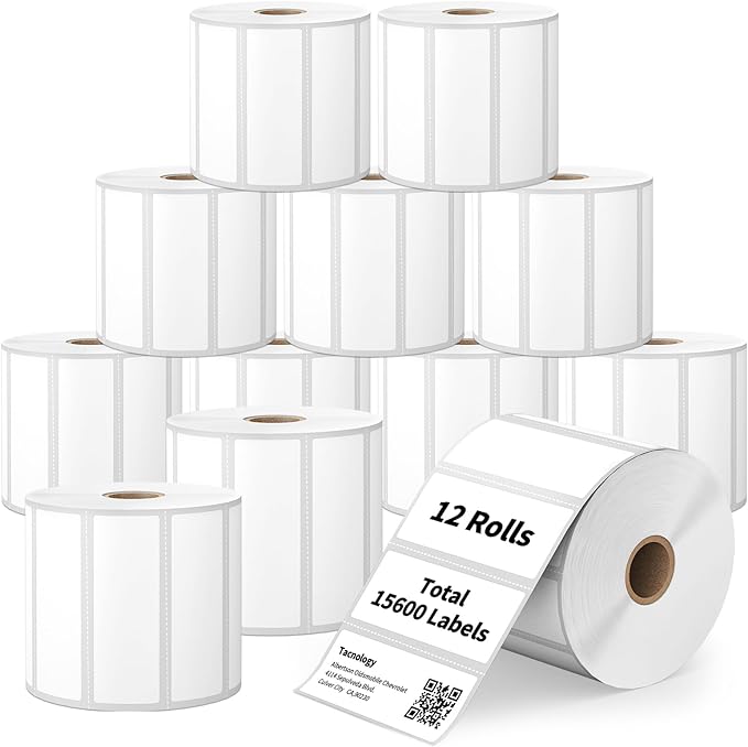 12 Rolls 3" x 1" Direct Thermal Labels - Tacnology 15600 Barcode & Postage FBA Address Label - Adhesive & Perforated - Compatible with Rollo, Zebra, Munbyn, Polono, and More Desktop Printers (1" Core)