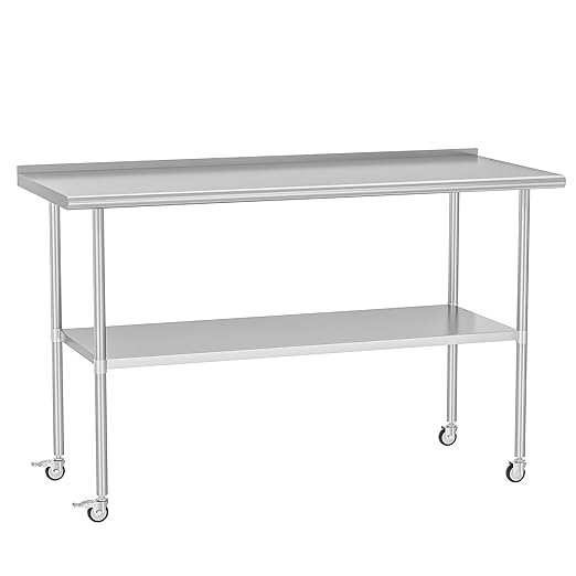 Stainless Steel Table with Wheels 30 x 60 Inches Metal Food Prep Table with Backsplash & Adjustable Undershelf, Utility Table for Kitchen, Outdoor, Restaurant, Bar & Garage
