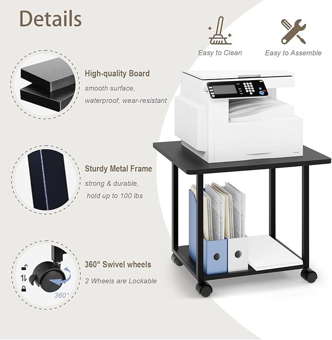 MARTY 22"x15.75" Large Under Desk Printer Stand with Storage Shelf 2-Tier Rolling Printer Cart with Wheels Printer Table for Home Office Heavy Duty Storage Rack for Scanner Fax Machine, Black