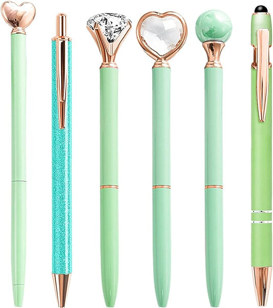 Teacher Pens, 6 Pcs Green Pens Cool Pens Ballpoint Pens Bulk, 1.0mm Medium Point Black Ink Pens Diamond Pens with Crystal, Office and School Supplies Nice Pens Gifts for Women (Green)