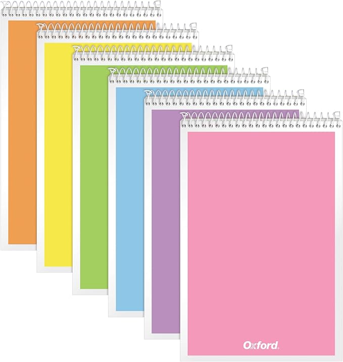 Oxford Steno Spiral Notebooks, Top Bound Steno Pads, 6x9 Inches, Gregg Ruled for Lists, White Paper, Asst. Pastel Covers, 80 Sheets, 6 Pack (1007112)