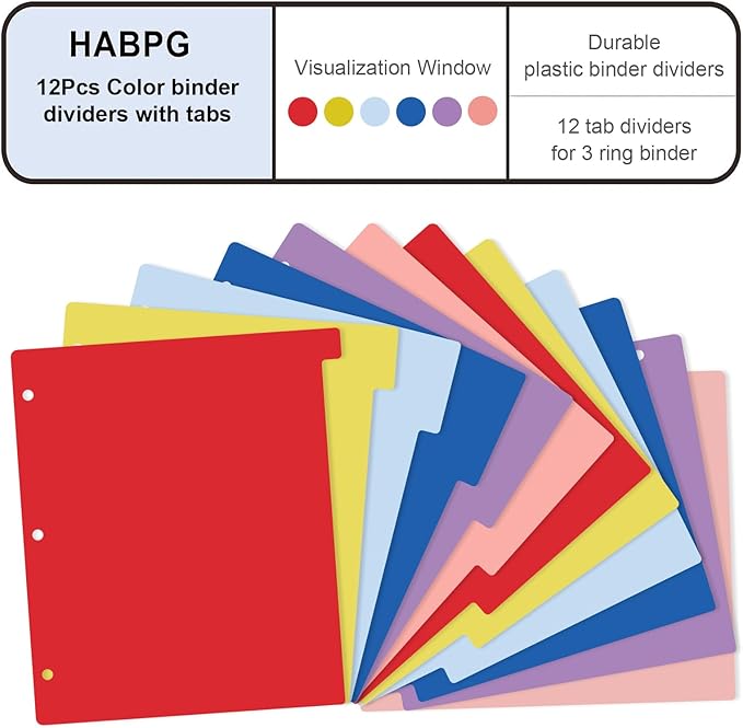 HABGP 12 Tab Dividers for 3 Ring Binder, 12 Pcs Multicolor 3 Ring Binder Dividers with Tabs, Page Folder Dividers, Plastic Tabbed File Dividers with Tabs, Three Ring Binder Index Dividers, 1 Set