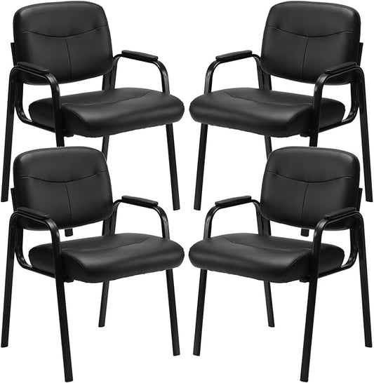 Sweetcrispy Waiting Room Chairs No Wheels Set of 4, Leather Stationary Office Reception Guest Chair with Padded Arms for Elderly Desk Conference Room Lobby Table Side Salon