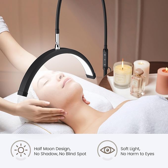 Lash Light for Eyelash Tech, Half Moon Light for Lashes and Estheticians, LED Floor Lash Lamp for Eyelash Extensions, Nail Art, Tattoo Art and Skincare (Black)