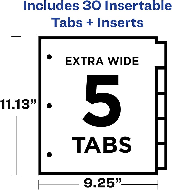 Avery Extra-Wide Big Tab Insertable Dividers for 3 Ring Binders, 5 Tab Set, White Paper, Clear Tabs, Works with Sheet Protectors, 1 Set (11221)