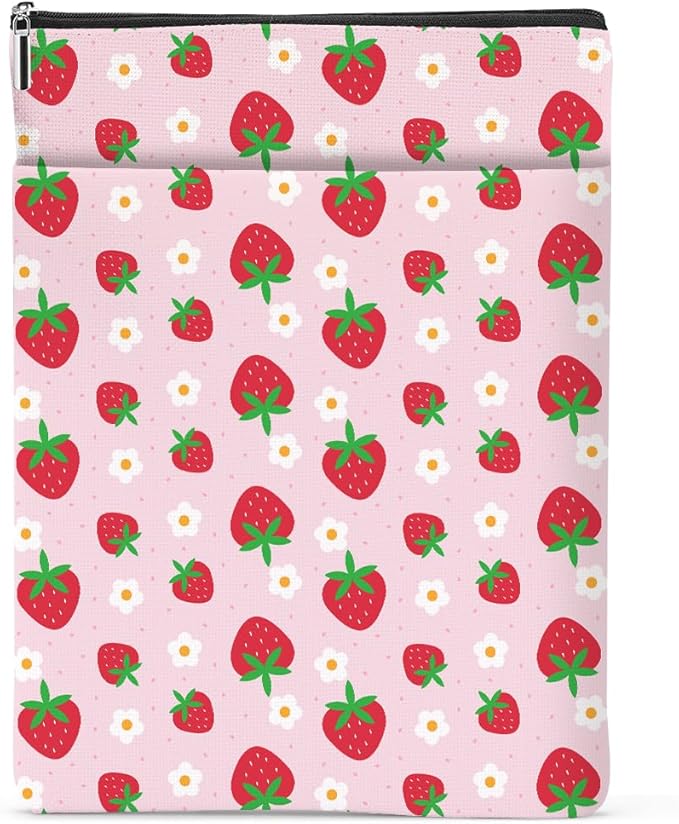 Strawberry Pattern Book Lovers Gifts Waterproof Book Sleeve Book Pouch Book Protector with Zipper and Front Pocket BookCover Case for Women Girl Grandma Mom Book Accessories Book Club Gifts